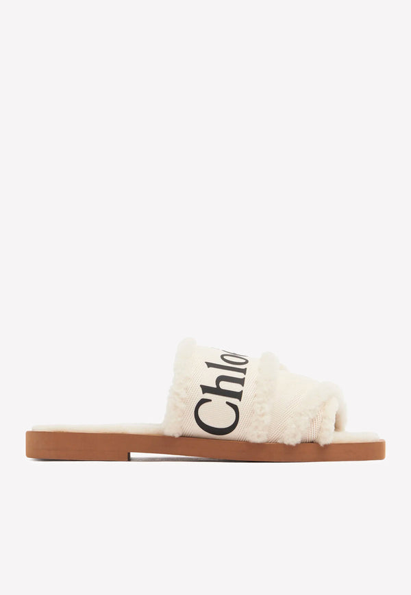 Chloé Woody Shearling Flat Sandals White CHC21W543U5101 White    
