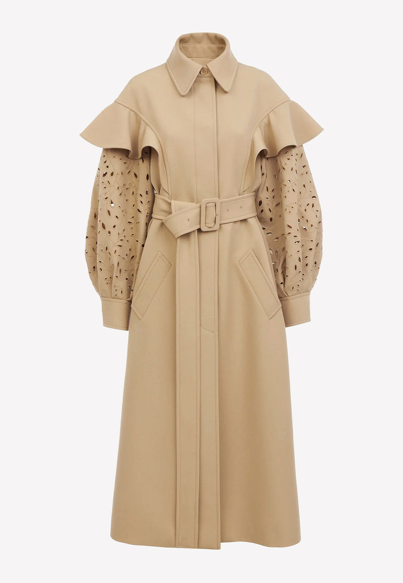 Chloé Belted Wool Trench Coat with Ruffle Detail Beige CHC22AMA02070278 PEARL BEIGE