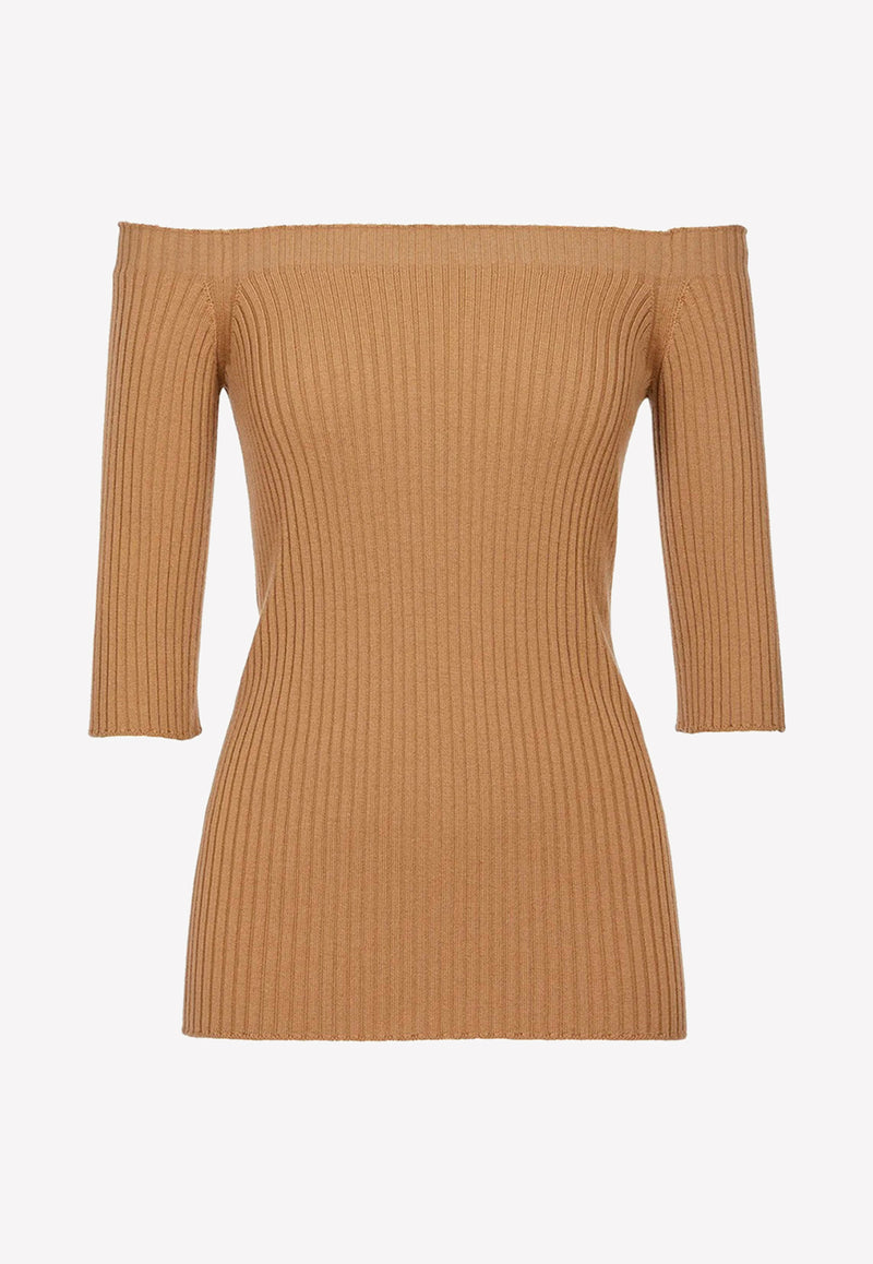 Chloé Off-Shoulder Ribbed Knit Top Camel CHC22AMP0265026A WORN BROWN