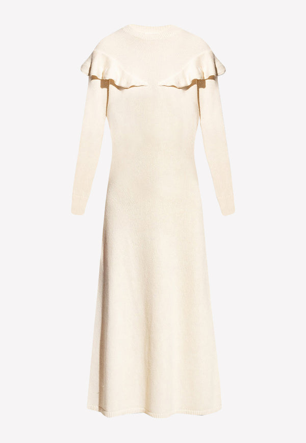 Chloé Ruffled Yoke Knitted Wool Midi Dress White CHC22AMR05500109 WHITE POWDER