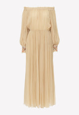 Chloé Off-Shoulder Gathered Silk Crepe Midi Dress Beige CHC22ARO4300120M PASTEL PINK