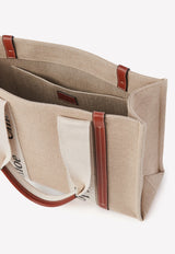 Chloé Medium Woody Tote Bag in Linen And Leather Beige CHC22AS383I2690U WHITE - BROWN 1