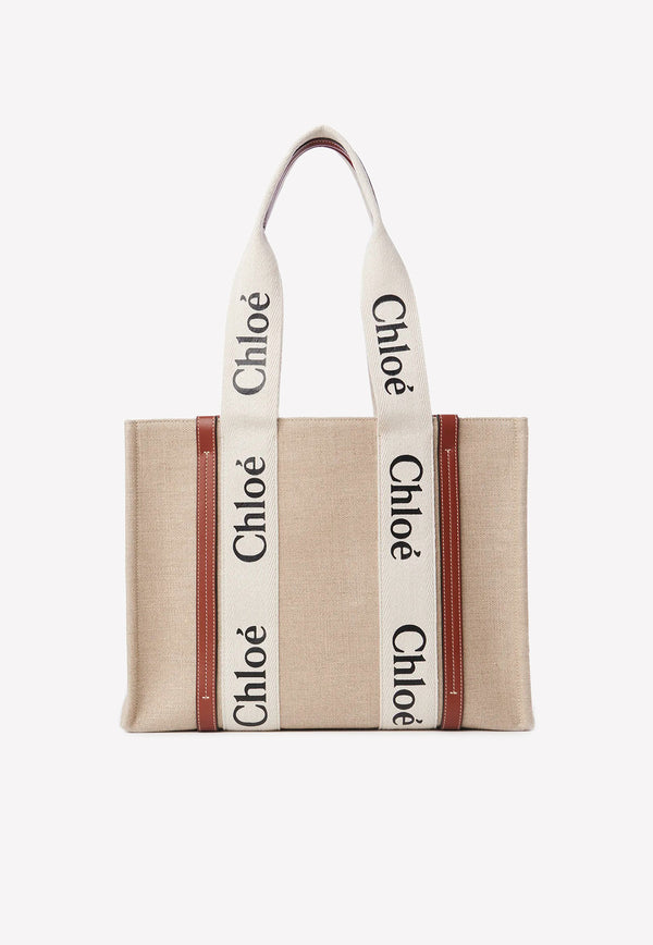 Chloé Medium Woody Tote Bag in Linen And Leather Beige CHC22AS383I2690U WHITE - BROWN 1