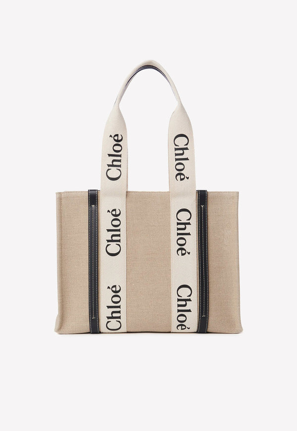 Chloé Medium Woody Tote Bag in Linen And Leather Beige CHC22AS383I2691J WHITE - BLUE 1