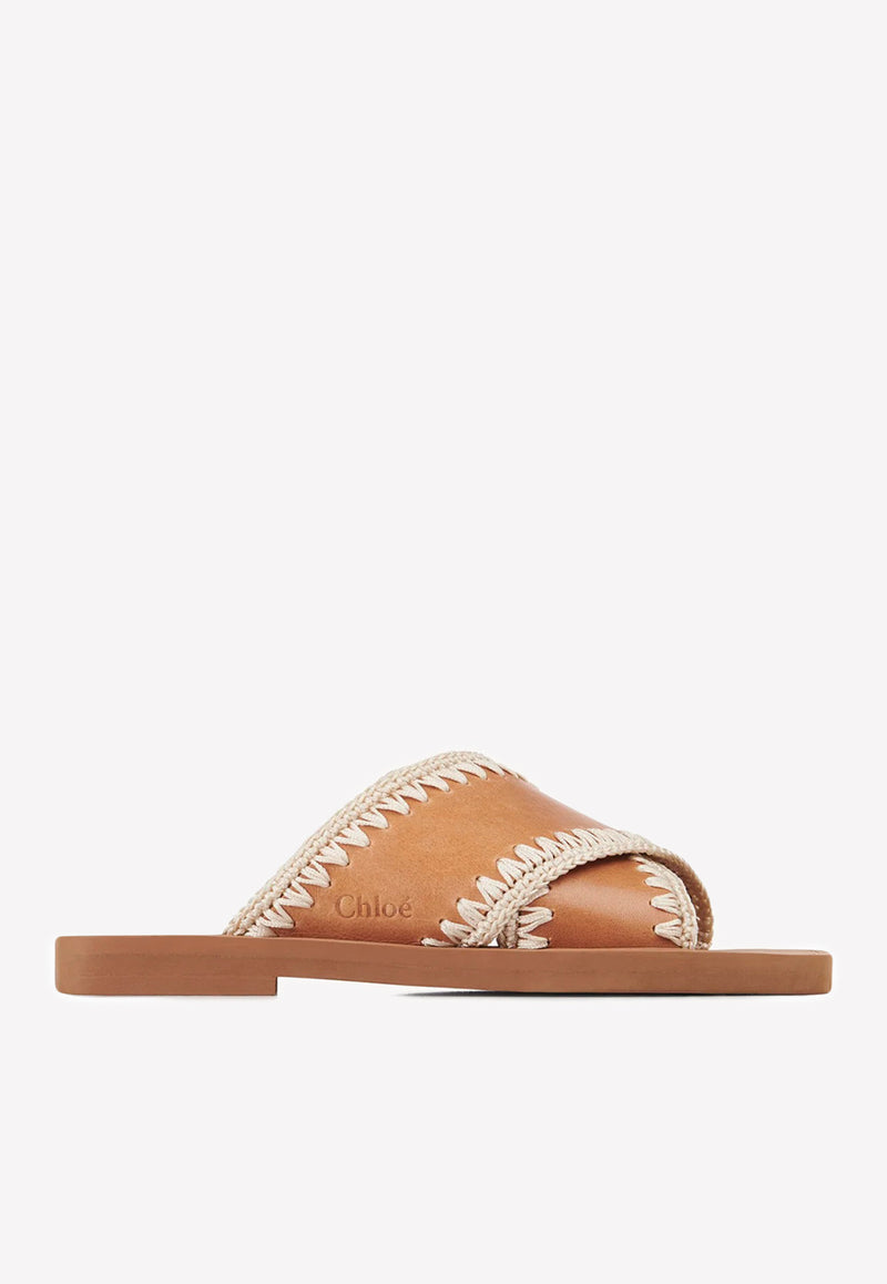 Chloé Woody Flat Sandals with Crochet Detail Brown CHC22S592X5210 Luminous Ochre   