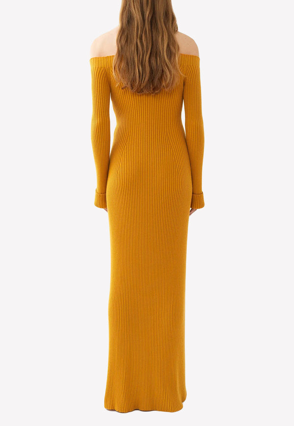 Chloé Off-Shoulder Ribbed Knit Maxi Dress Mustard CHC22UMR04650780 Sunlight Yellow  