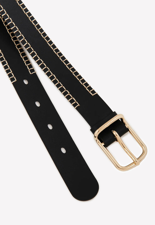Chloé Stitched Louela Belt in Smooth Calf Leather Black CHC22WC005STH001
