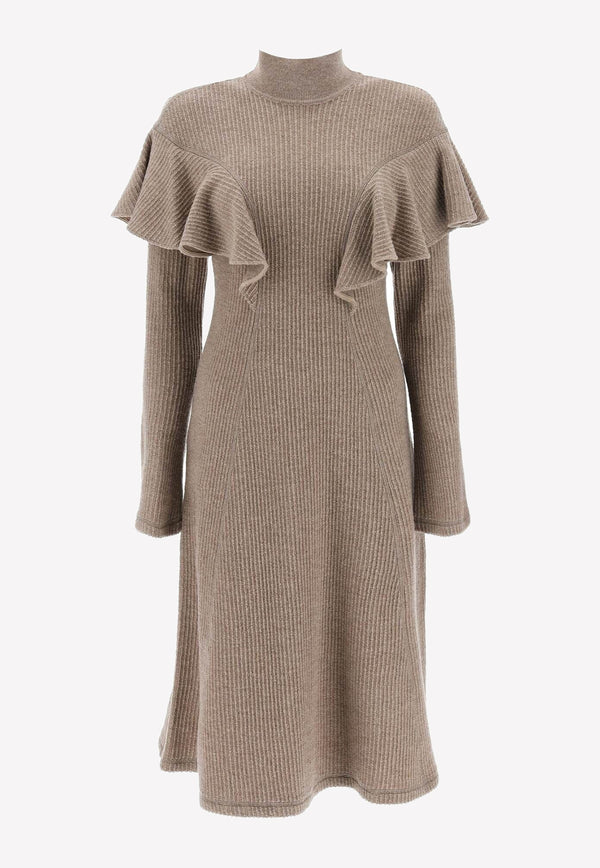 Chloé Ruffle Ribbed Knit Midi Dress in Wool Brown CHC22WRO6008323U