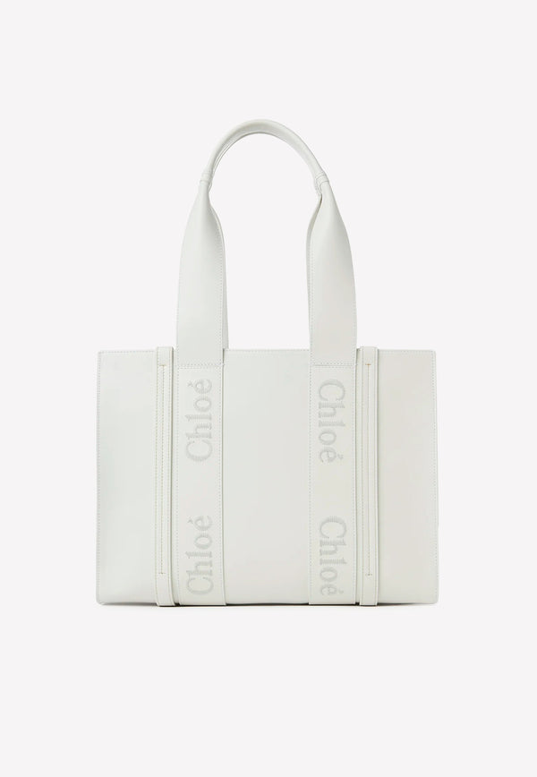 Chloé Medium Woody Tote Bag in Linen And Leather White CHC22WS383I60101 WHITE