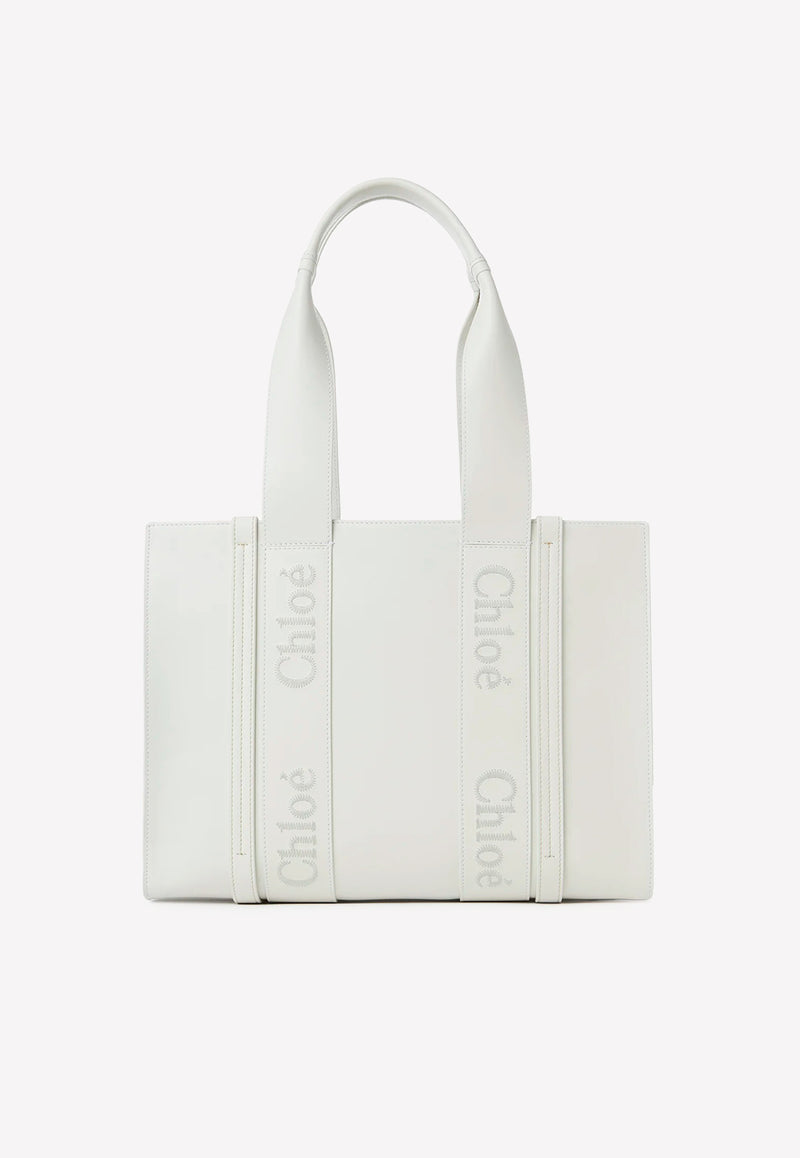 Chloé Medium Woody Tote Bag in Linen And Leather White CHC22WS383I60101 WHITE