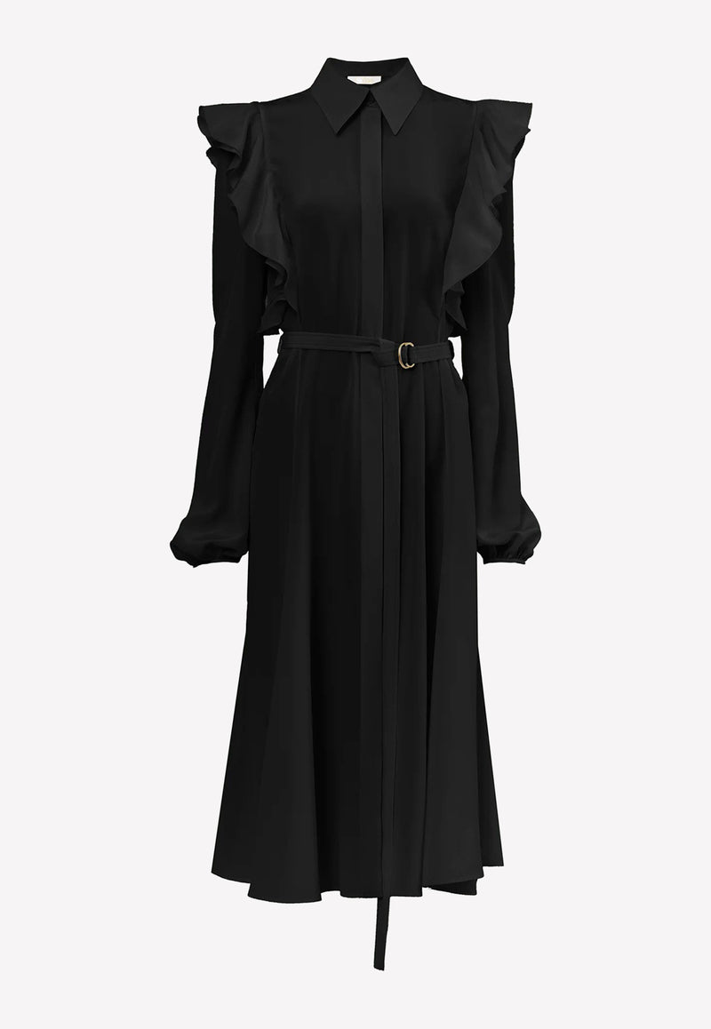 Chloé Belted Midi Shirt Dresses in Silk Black CHC23SRO33004001 BLACK