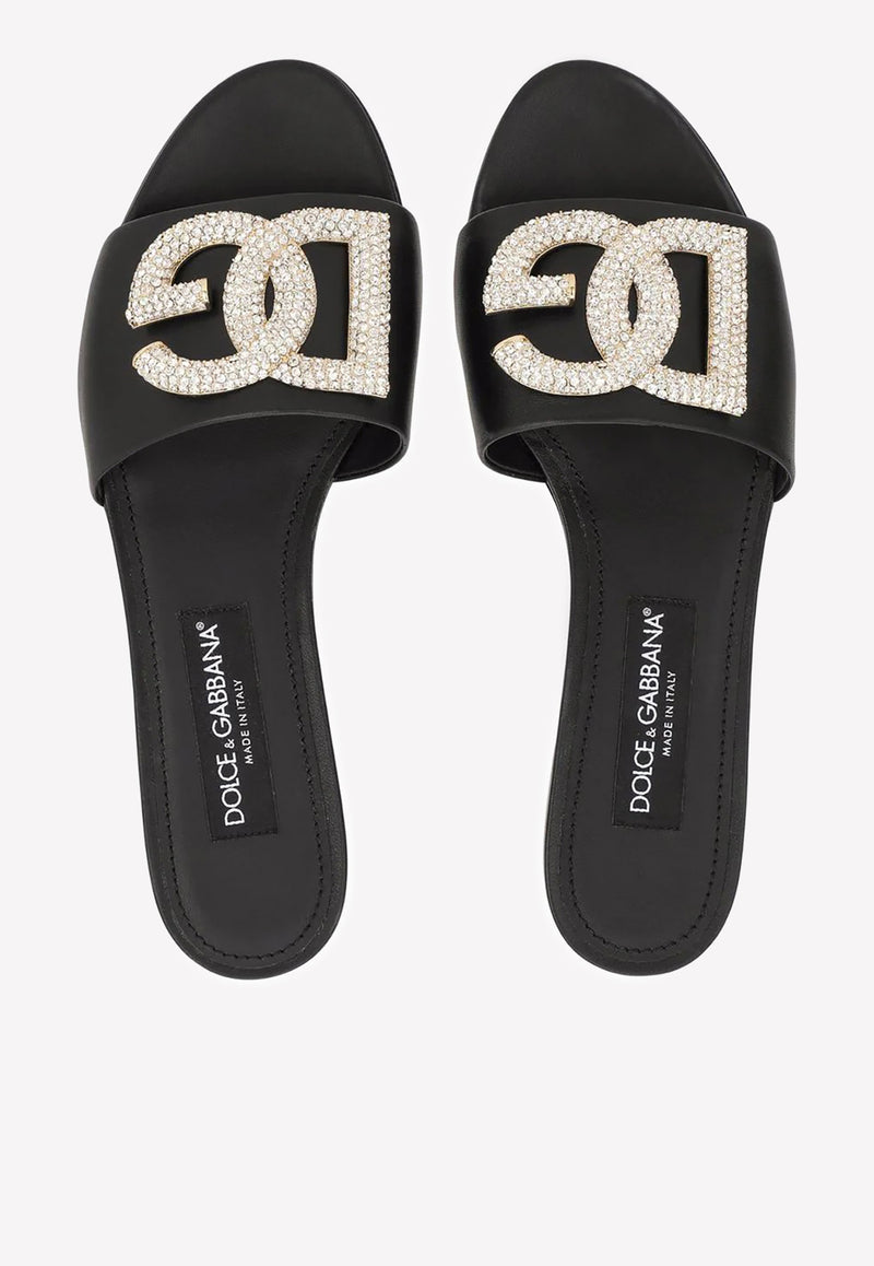 Dolce & Gabbana Crystal DG Bianca Slides in Leather Black CQ0455 AY296 80999