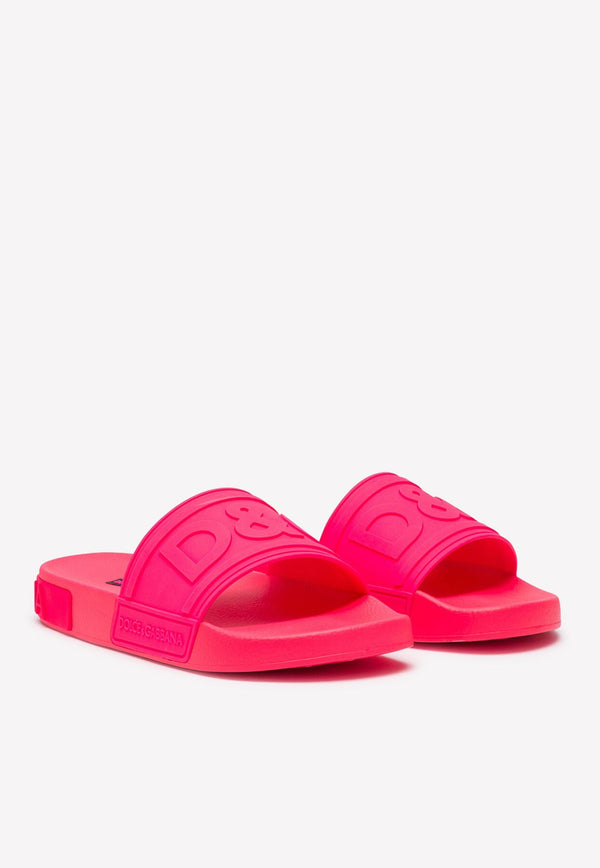 Dolce & Gabbana D&G Logo Fluorescent Rubber Beach Slides Pink CW0141 AX756 8J407