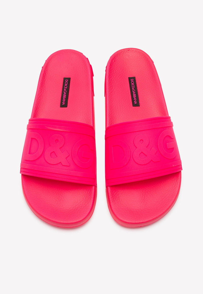 Dolce & Gabbana D&G Logo Fluorescent Rubber Beach Slides Pink CW0141 AX756 8J407