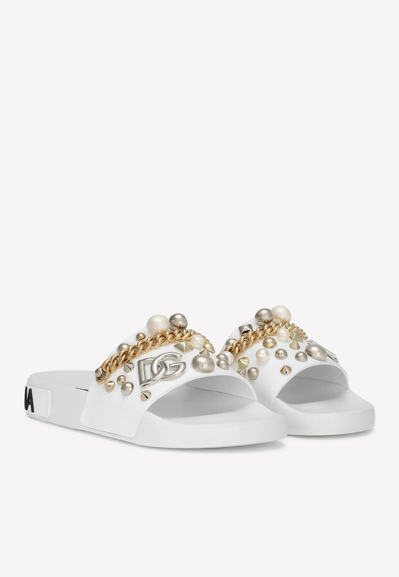 Dolce & Gabbana Bejeweled Appliqués Beachwear Slides in Rubber White CW1990 AY082 80001
