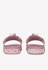 Dolce & Gabbana Bejeweled Appliqués Beachwear Slides in Rubber Pink CW1990 AY082 80400