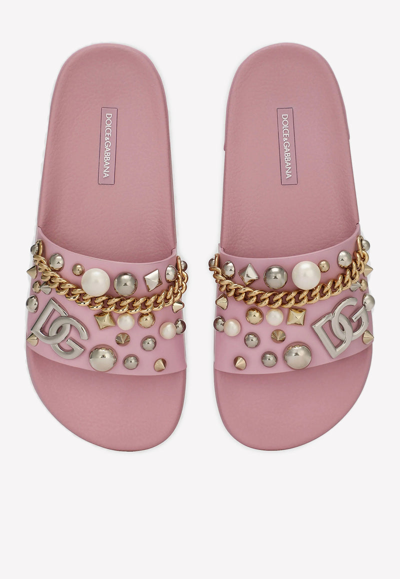 Dolce & Gabbana Bejeweled Appliqués Beachwear Slides in Rubber Pink CW1990 AY082 80400