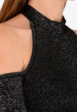 Halter Neck Cold-Shoulder Metallic-Knit Bodysuit