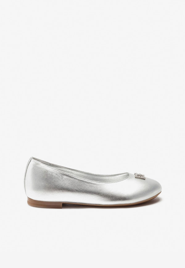 Dolce & Gabbana Kids Girls Crystal DG Ballet Flats in Foiled Nappa Leather D10510 A6C66 80998 Silver
