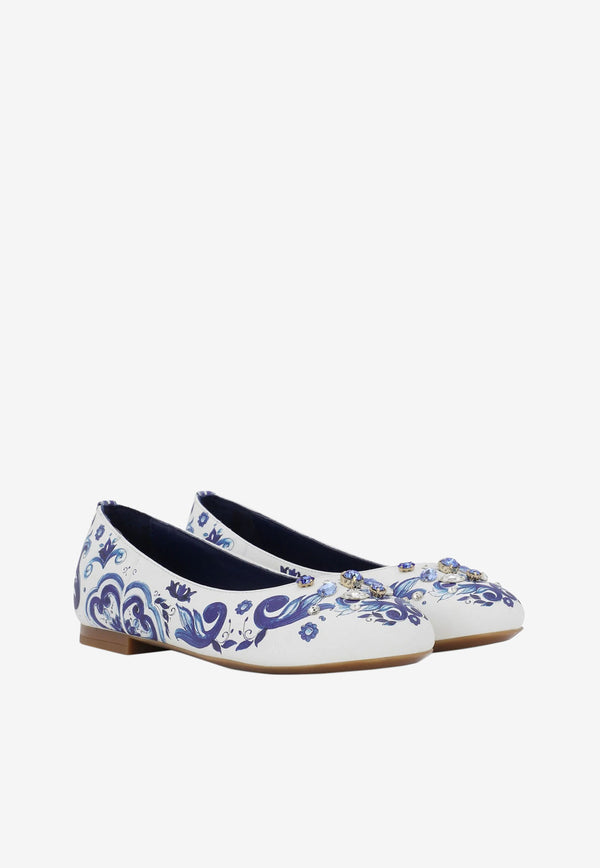 Dolce & Gabbana Kids Girls Majolica Print Ballet Flats White D10510 AH813 HA3OB