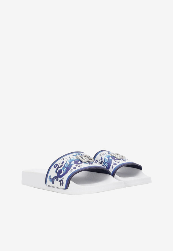 Dolce & Gabbana Kids Girls Majolica Print DG Slides White D10705 AC113 HA3OB