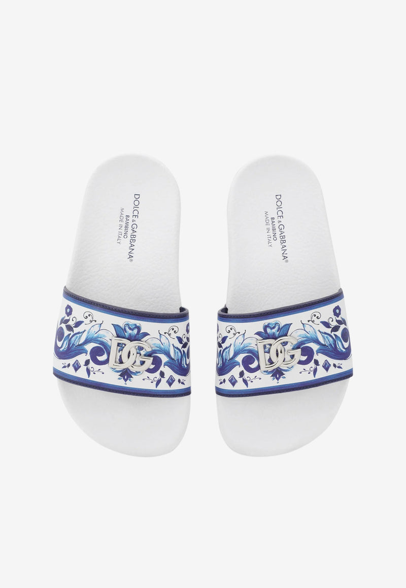 Dolce & Gabbana Kids Girls Majolica Print DG Slides White D10705 AC113 HA3OB