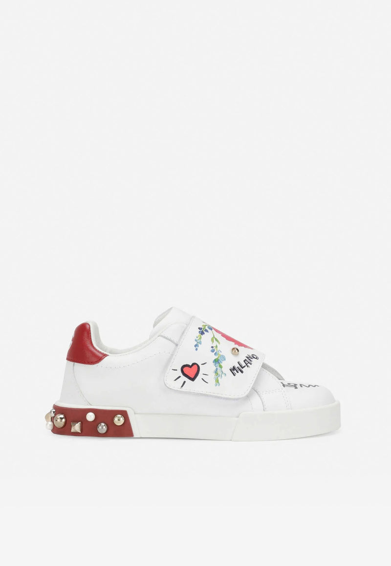 Dolce & Gabbana Kids Girls Portofino Floral Leather Sneakers D10882 AW773 HWF57 White