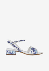Dolce & Gabbana Kids Girls Majolica Print Leather Sandals White D10935 AC113 HA3OB