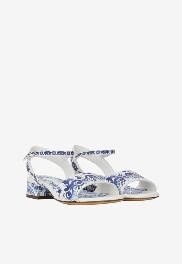 Dolce & Gabbana Kids Girls Majolica Print Leather Sandals White D10935 AC113 HA3OB