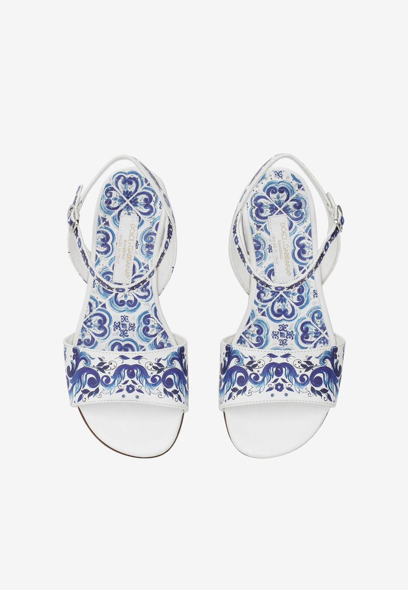 Dolce & Gabbana Kids Girls Majolica Print Leather Sandals White D10935 AC113 HA3OB
