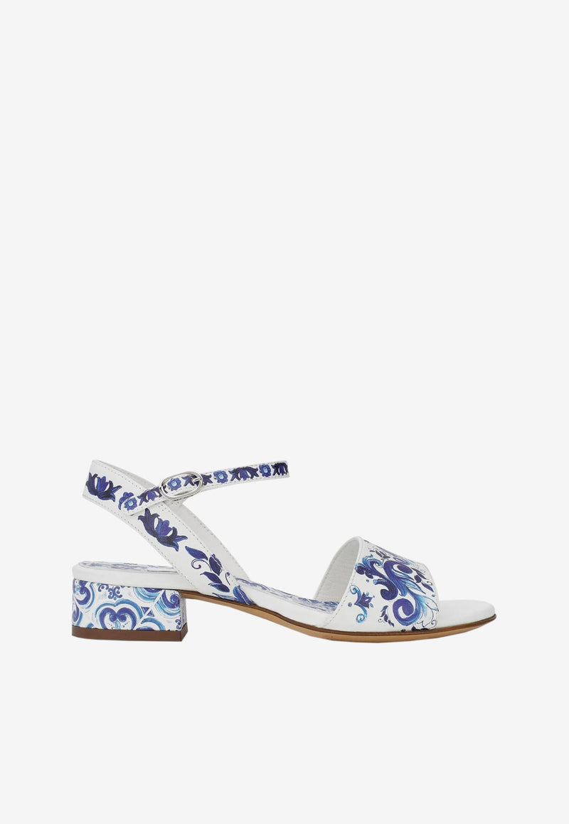 Dolce & Gabbana Kids Girls Majolica Print Leather Sandals White D10935 AC113 HA3OB