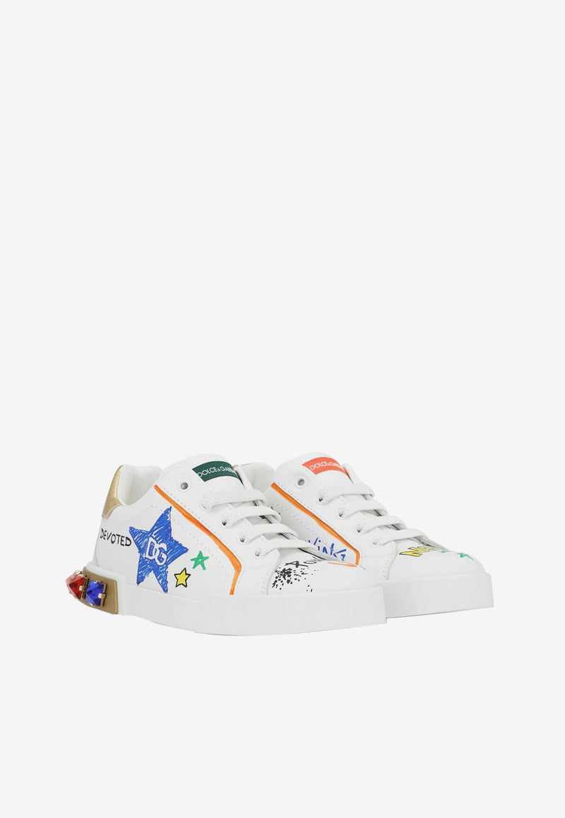 Dolce & Gabbana Kids Girls Graffiti Print Portofino Light Sneakers White D10951 AX708 89662