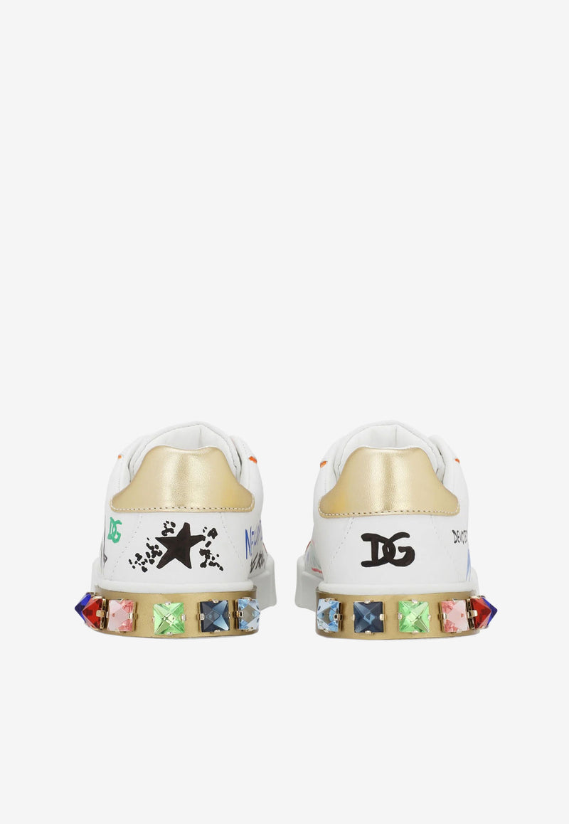 Dolce & Gabbana Kids Girls Graffiti Print Portofino Light Sneakers White D10951 AX708 89662
