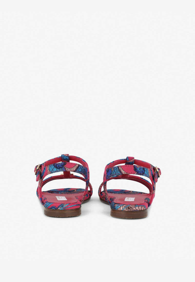 Dolce & Gabbana Kids Girls Brocade T-strap Logo Sandals D10970 A7283 8Q771 Multicolor