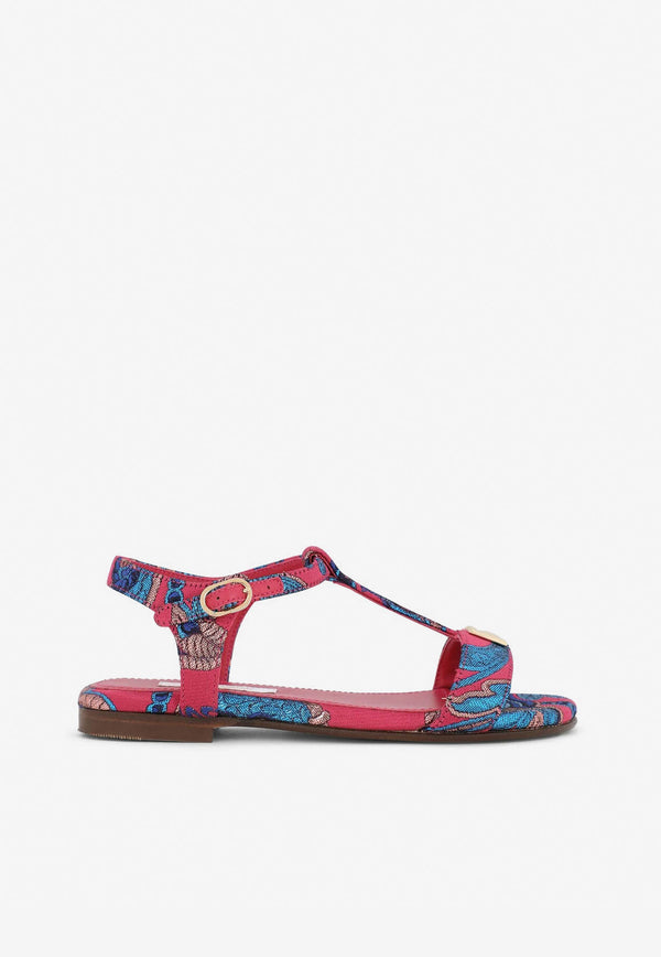 Dolce & Gabbana Kids Girls Brocade T-strap Logo Sandals D10970 A7283 8Q771 Multicolor