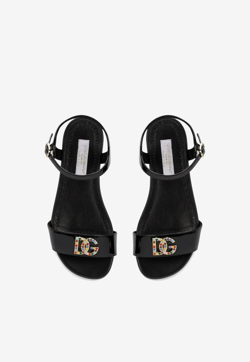 Dolce & Gabbana Kids Girls Patent Leather DG Logo Sandals D11048 A1153 80999 Black
