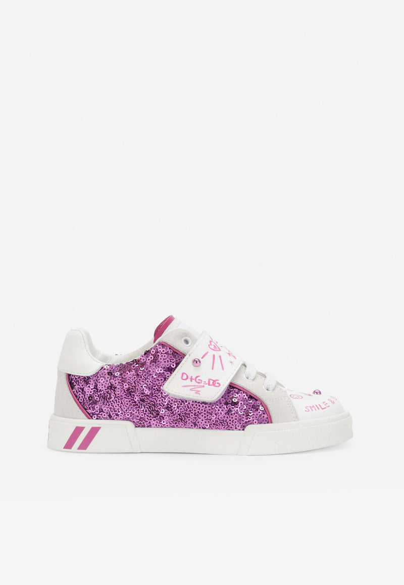 Dolce & Gabbana Kids Girls Sequined Portofino Custom 2.0 Sneakers D11083 AQ846 8J403 Purple