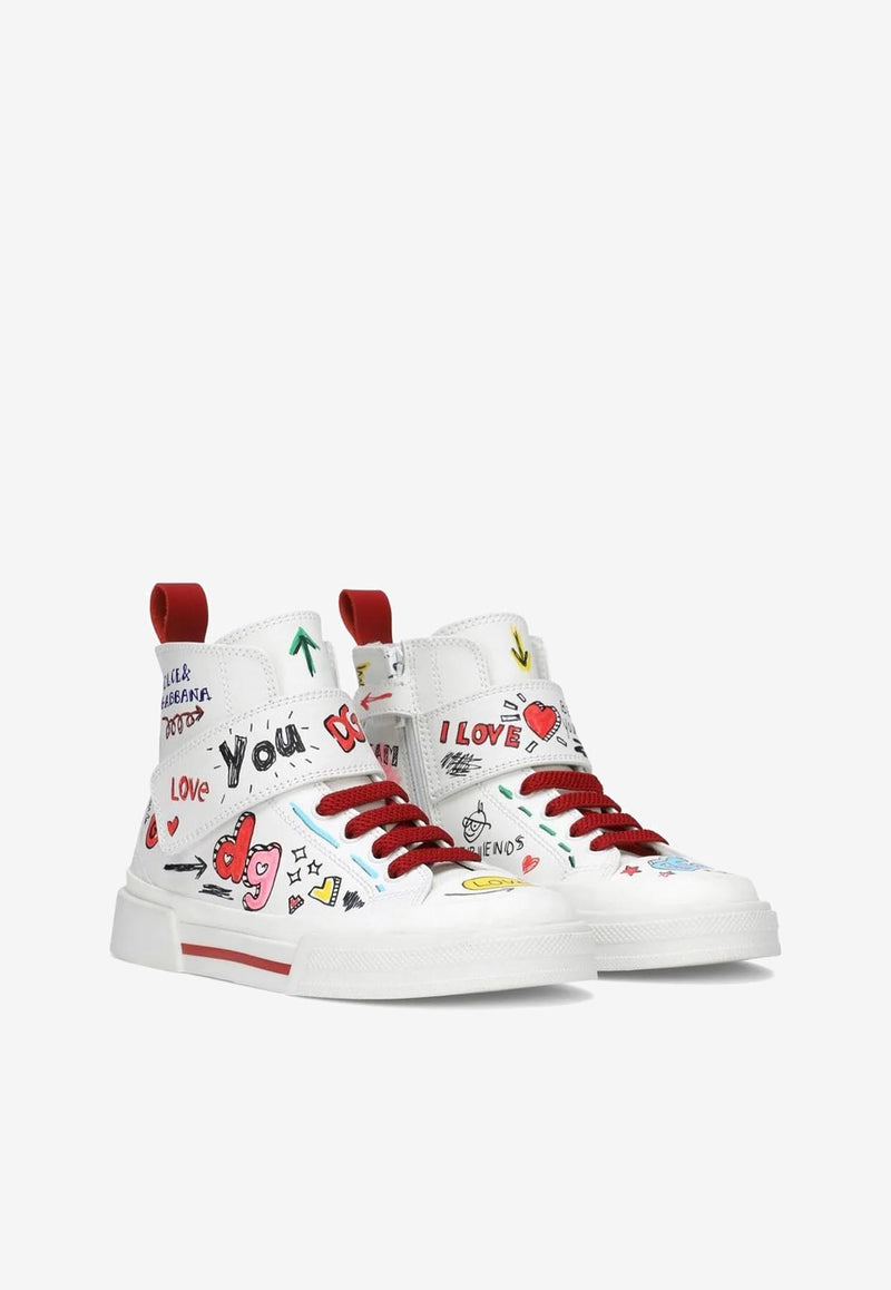 Dolce & Gabbana Kids Girls Portofino Smemo Print High-Top Sneakers White D11118 AN456 HW3VG
