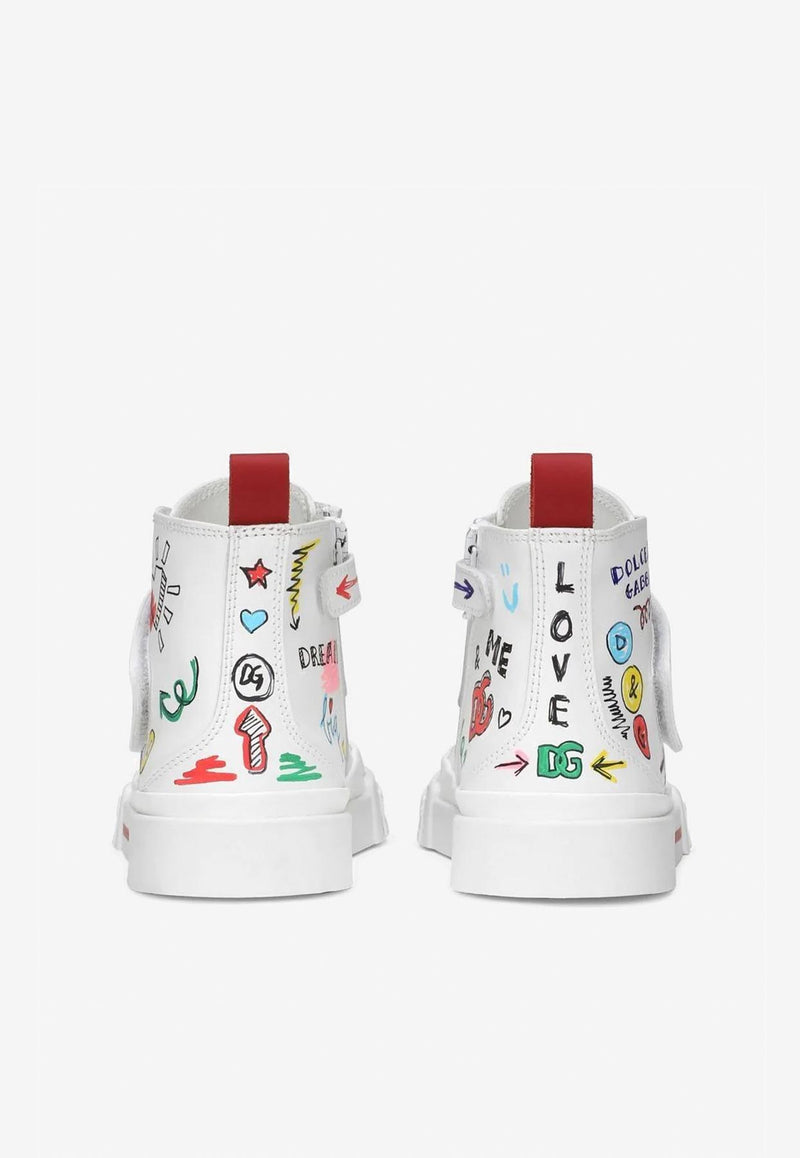 Dolce & Gabbana Kids Girls Portofino Smemo Print High-Top Sneakers White D11118 AN456 HW3VG