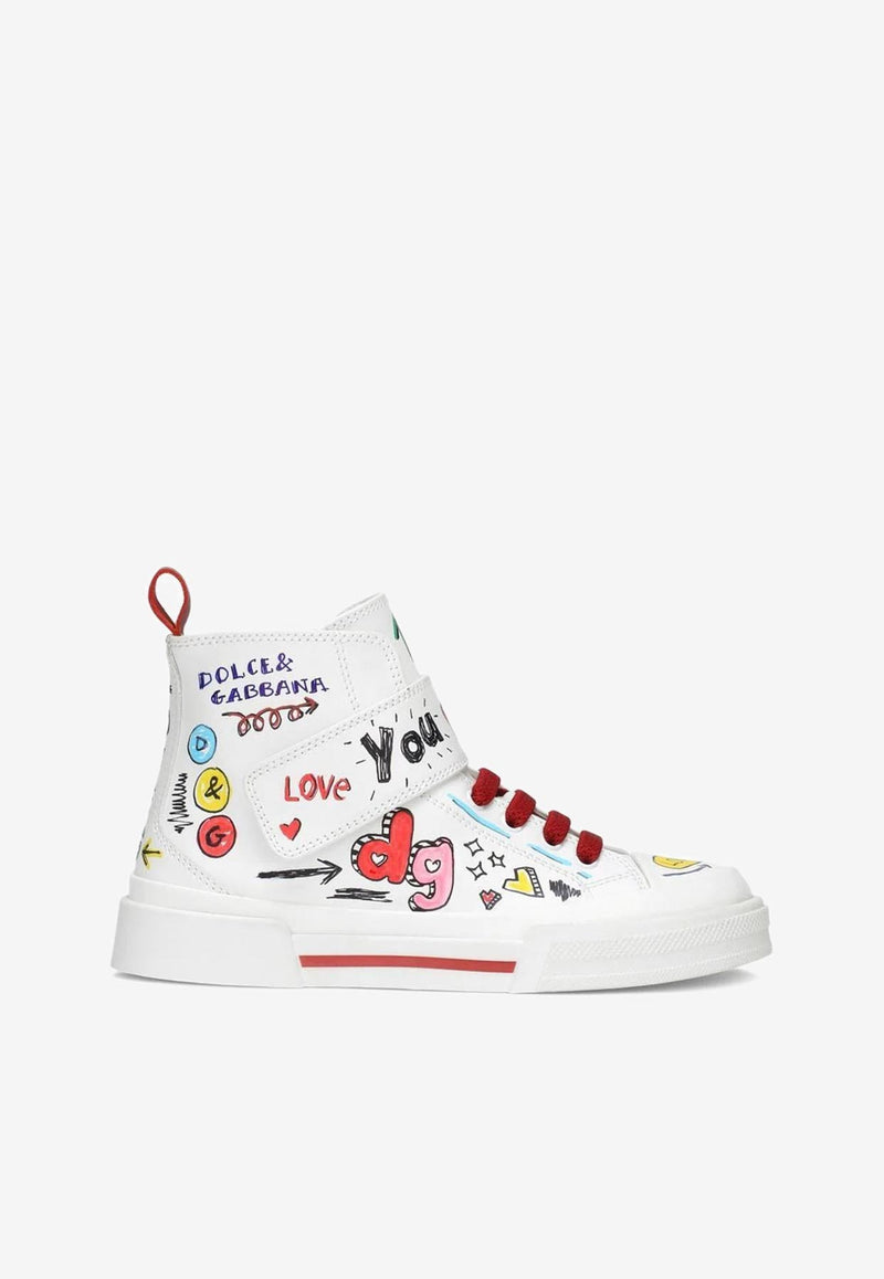 Dolce & Gabbana Kids Girls Portofino Smemo Print High-Top Sneakers White D11118 AN456 HW3VG