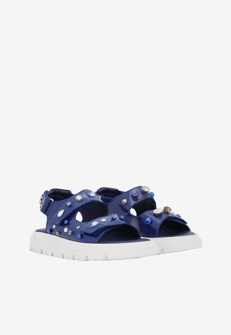 Dolce & Gabbana Kids Girls Crystal Embellished Sandals in Patent Leather Blue D11127 AC977 80648