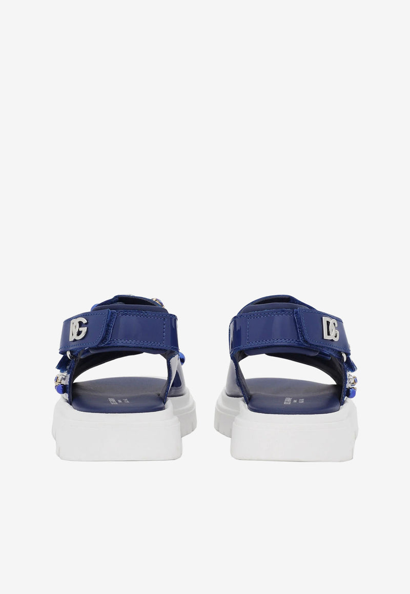 Dolce & Gabbana Kids Girls Crystal Embellished Sandals in Patent Leather Blue D11127 AC977 80648