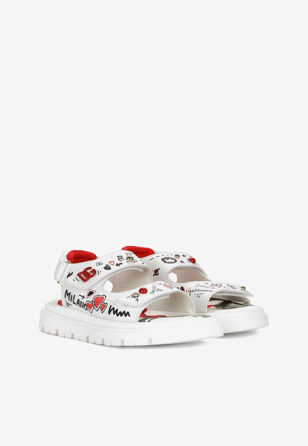 Dolce & Gabbana Kids Girls Poppy Print Sandals in Calf Leather White D11127 AS128 HA3VN