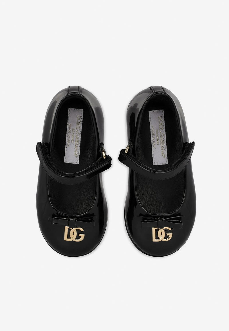 Dolce & Gabbana Kids Baby Girls DG Logo Patent Leather Ballet Flats with Strap Black D20081 A1328 80999