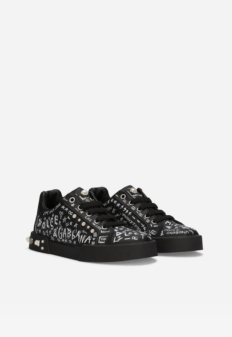 Dolce & Gabbana Kids Boys Graffiti Print Portofino Sneakers Black DA0702 AC022 8S574