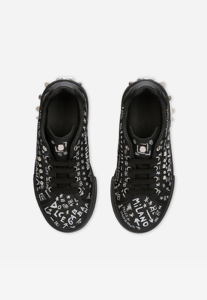 Dolce & Gabbana Kids Boys Graffiti Print Portofino Sneakers Black DA0702 AC022 8S574