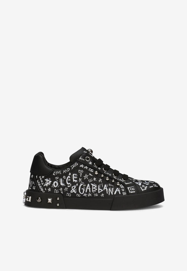 Dolce & Gabbana Kids Boys Graffiti Print Portofino Sneakers Black DA0702 AC022 8S574