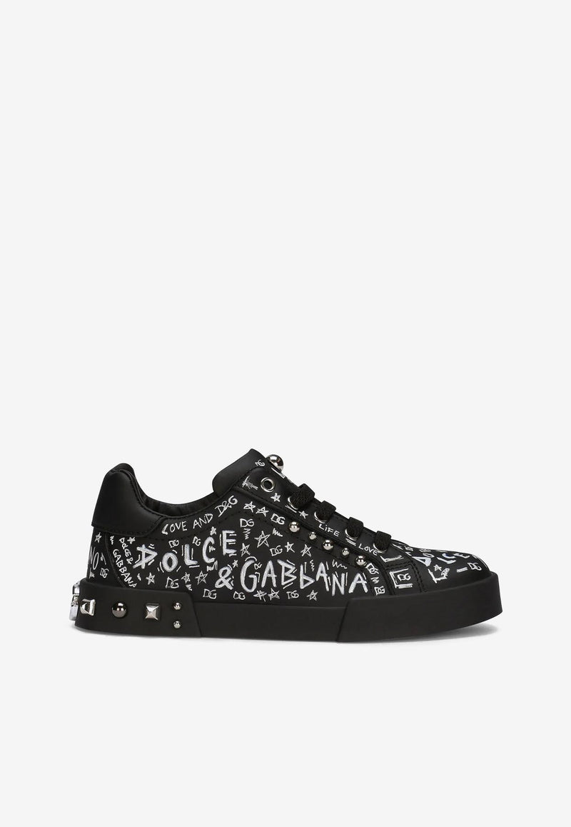 Dolce & Gabbana Kids Boys Graffiti Print Portofino Sneakers Black DA0702 AC022 8S574