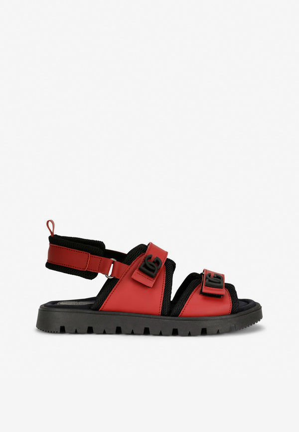 Dolce & Gabbana Kids Boys DG Logo Sandals in Calf Leather and Mesh Red DA5049 AQ790 8B541
