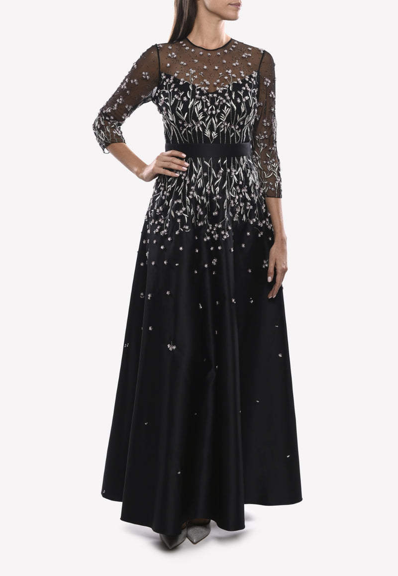 Temperley London Black Glen Floral Embroidered Floor-Length A-line Gown 17AKNS51853